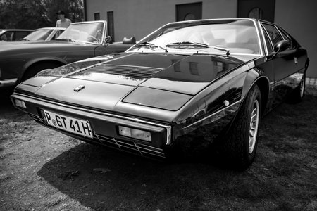WERDER (HAVEL), GERMANY - MAY 20, 2023: The sports car Ferrari Dino 380 GT4. Black and white. Oldtimer - Festival Werder Classics 2023のeditorial素材