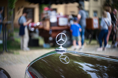 WERDER (HAVEL), GERMANY - MAY 20, 2023: The famous three-beam star of Mercedes-Benz. Hood ornament,...