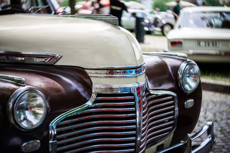 WERDER (HAVEL), GERMANY - MAY 20, 2023: The fragment of the Chevrolet Special Deluxe, 1940. Swirl bokeh. Art lens. Oldtimer - Festival Werder Classics 2023のeditorial素材