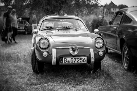 WERDER (HAVEL), GERMANY - MAY 20, 2023: The sport car Fiat-Abarth 750 Zagato "Double Bubble". Swirl bokeh, art lens. Black and white. Oldtimer - Festival Werder Classics 2023のeditorial素材