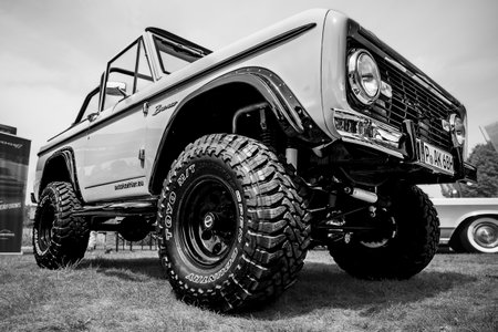 WERDER (HAVEL), GERMANY - MAY 20, 2023: The compact SUV Ford Bronco 4x4, 1968. Black and white....