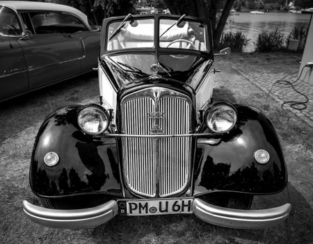 WERDER (HAVEL), GERMANY - MAY 20, 2023: The small family car DKW F8. Black and white. Oldtimer - Festival Werder Classics 2023のeditorial素材
