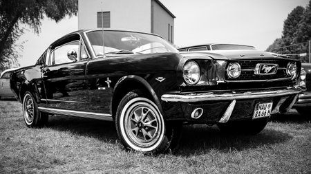 WERDER (HAVEL), GERMANY - MAY 20, 2023: The muscle car Ford Mustang, 1966. Black and white. Oldtimer - Festival Werder Classics 2023のeditorial素材