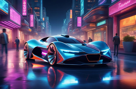 Futuristic car against the backdrop of bright city streets. Illustration by Generation AI.の素材