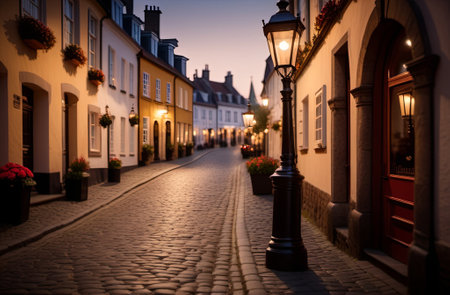 A romantic evening on the streets of the old town. Illustration by Generative AI.の素材