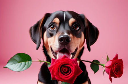 Portrait of a cute dog with a rose flower on a pink background. Illustration by Generation AI.の素材