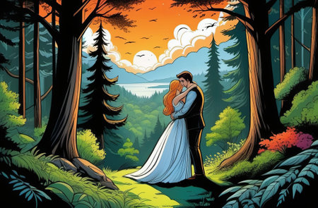 A romantic couple in a fairy-tale forest, happy man and a woman hug. Illustration by Generative AI.の素材