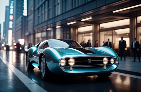 Futuristic car against the backdrop of bright city streets. Illustration by Generation AI.の素材
