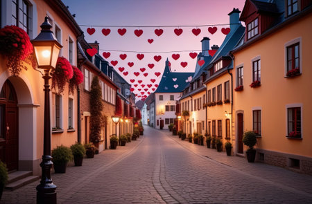 A romantic evening on the streets of the old town. Illustration by Generative AI.の素材