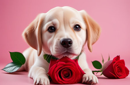 Portrait of a cute puppy with a rose flower on a pink background. Illustration by Generation AI.の素材