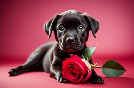 Portrait of a cute puppy with a rose flower on a pink background. Illustration by Generation AI.の素材