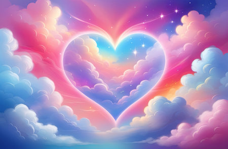 A color heart in the clouds as a symbol of love. Valentine's Day. Gift card concept. Illustration by Generative AI.の素材