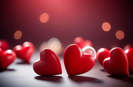 Volumetric hearts as a symbol of love on a bright background with bokeh. Valentine's Day. Illustration by Generative AI.の素材