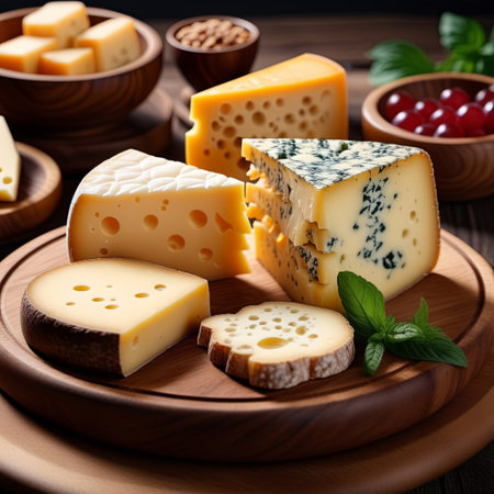 Wooden plate with assorted cheeses. Illustration by Generative AI.の素材