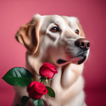 Portrait of a cute dog with a rose flower on a pink background. Illustration by Generation AI.の素材