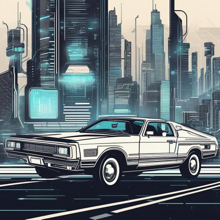 Futuristic car in oldtimer (fictional) style against the backdrop of bright fantastic city streets. Illustration by Generation AI.の素材
