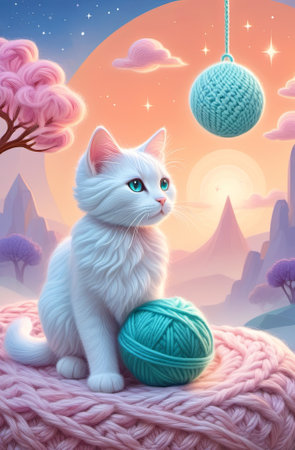 A domestic cat in a fairy-tale country in surrounding a ball of wool. Illustration by Generation AI.の素材