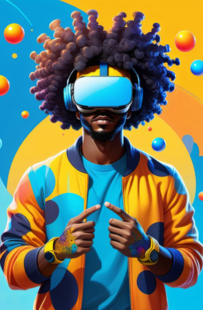 A black man with voluminous, curly hair wearing virtual reality headset and headphones, against a background of abstract patterns in various colors. Illustration by Generation AI.の素材