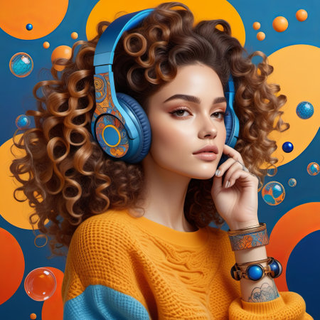 A woman with voluminous, curly hair wearing headphones, against a background of abstract patterns in various colors. Illustration by Generation AI.の素材