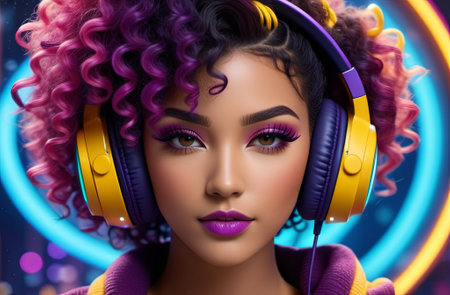 A woman with voluminous, curly hair wearing headphones, against a background of abstract patterns in various colors. Illustration by Generation AI.の素材