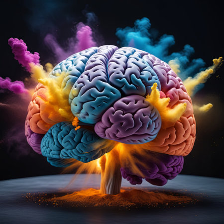 A colorful, brain with various sections painted in different vibrant colors, set against a dark background. Colorful smoke or dust particles are emerging from the brain. Illustration by Generative AI.の素材