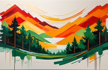 The abstract autumn mountain landscape. Imitation of oil paint. Illustration by Generative AI.の素材