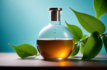 Chemical flask with oil surrounded by green leaves. Environmental protection concept. Illustration by Generative AI.の素材
