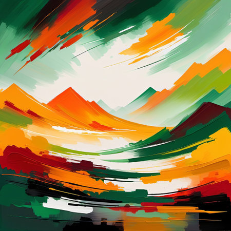 The abstract autumn mountain landscape. Imitation of oil paint. Illustration by Generative AI.の素材