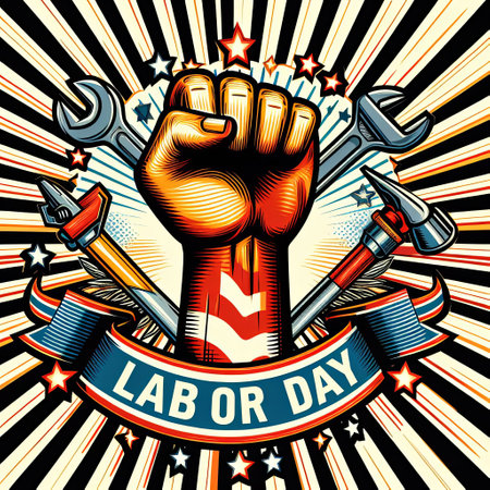 Poster: Happy Labor Day. Clenched fist on the background of wrenches and tools. Illustration by Generative AI.の素材