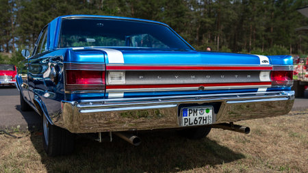 LINTHE, GERMANY - MAY 27, 2023: The mid-size car Plymouth Belvedere GTX, 1967. Rear view. Die Oldtimer Show 2023.のeditorial素材