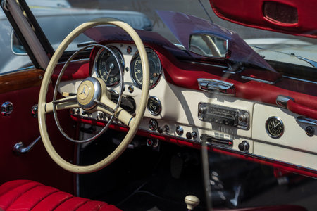 LINTHE, GERMANY - MAY 27, 2023: The interior of sports car Mercedes-Benz 190 SL (W121). Die Oldtimer...