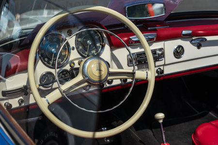 LINTHE, GERMANY - MAY 27, 2023: The interior of sports car Mercedes-Benz 190 SL (W121). Die Oldtimer...