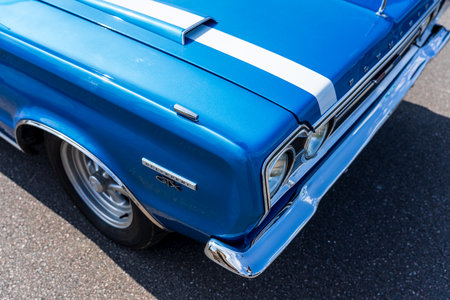 LINTHE, GERMANY - MAY 27, 2023: The fragment of mid-size car Plymouth Belvedere GTX, 1967. Die Oldtimer Show 2023.のeditorial素材