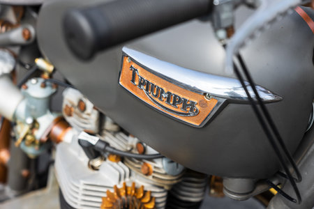 LINTHE, GERMANY - MAY 27, 2023: The detail of standard motorcycle Triumph Speed Twin 5T, 1954. Die Oldtimer Show 2023.のeditorial素材
