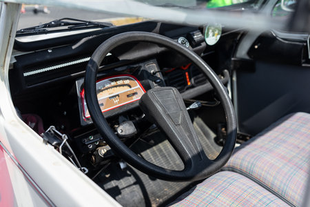 LINTHE, GERMANY - MAY 27, 2023: The interior of economy car Citroen 2CV. Die Oldtimer Show 2023.のeditorial素材