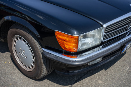 LINTHE, GERMANY - MAY 27, 2023: The fragment of sports car Mercedes-Benz 280SL (R107), 1977. Die Oldtimer Show 2023.のeditorial素材