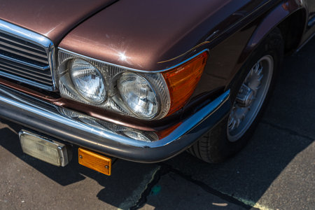LINTHE, GERMANY - MAY 27, 2023: The fragment of sports car Mercedes-Benz 380SL (R107), 1975. Die Oldtimer Show 2023.のeditorial素材