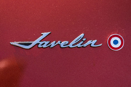 LINTHE, GERMANY - MAY 27, 2023: The AMC Javelin badge, close-up. Die Oldtimer Show 2023.