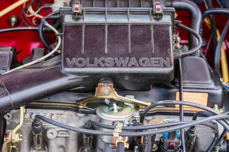 LINTHE, GERMANY - MAY 27, 2023: The fragment of a Volkswagen engine, close-up. Die Oldtimer Show 2023.のeditorial素材