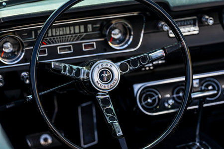 LINTHE, GERMANY - MAY 27, 2023: The interior of muscle car Ford Mustang, 1965. Die Oldtimer Show 2023.のeditorial素材