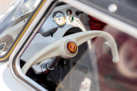 LINTHE, GERMANY - MAY 27, 2023: The instruments and controls of a Messerschmitt KR200, or Kabinenroller (Cabin Scooter). Die Oldtimer Show 2023.のeditorial素材