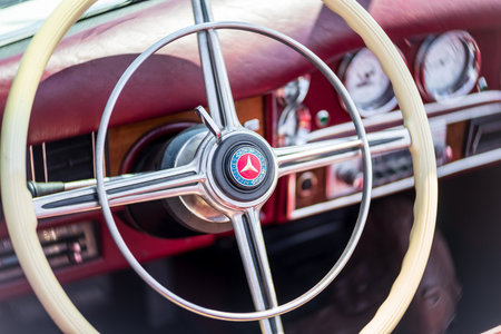 LINTHE, GERMANY - MAY 27, 2023: The interior of a roadster Mercedes-Benz 500K (W29), close-up. Art lens. Swirl bokeh. Die Oldtimer Show 2023.のeditorial素材