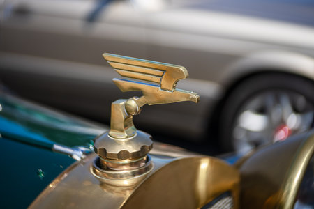 LINTHE, GERMANY - MAY 27, 2023: The hood emblem of retro car Adler Phaeton, close-up. Die Oldtimer Show 2023.のeditorial素材