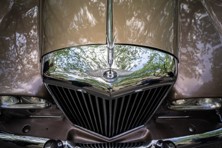 BERLIN - MAY 04, 2024: The hood ornament of a full-size luxury car Bentley S3 Continental, close-up....