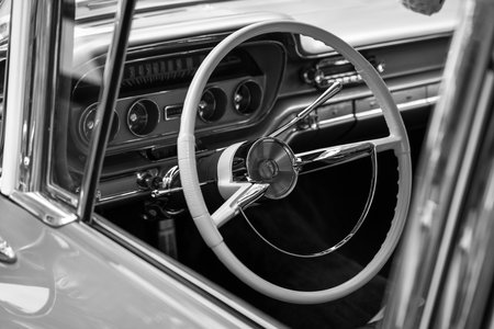 BERLIN - MAY 04, 2024: The interior of a full-size car Pontiac Catalina, 1960. Black and white. Classic Days Berlin 2024.のeditorial素材