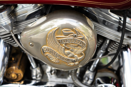 BERLIN - MAY 04, 2024: The detail of motorcycle Harley-Davidson, close-up. Classic Days Berlin 2024.のeditorial素材