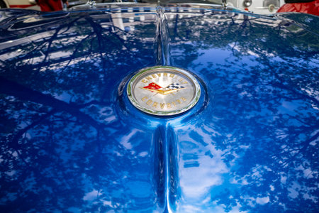 BERLIN - MAY 04, 2024: The logo of a sports car Chevrolet Corvette (C1), 1961. Close-up. Classic...