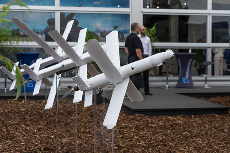 BERLIN - JUNE 05, 2024: Loitering ammunition Hero by Israeli defense technology company UVision Air Ltd. ILA Berlin Air Show 2024.のeditorial素材
