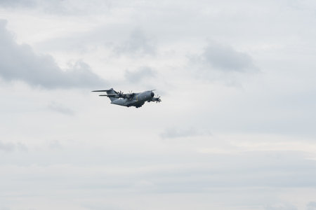 BERLIN - JUNE 05, 2024: Demonstration flight of the military transport aircraft Airbus A400M Atlas....