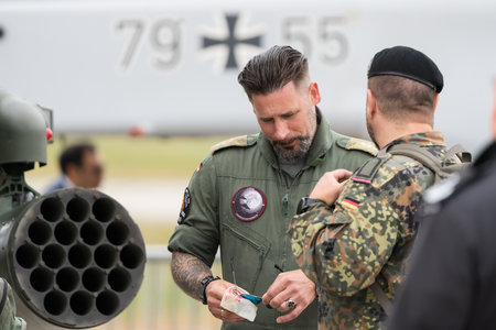 BERLIN - JUNE 05, 2024: The portrait of a German Army helicopter pilot. ILA Berlin Air Show 2024.のeditorial素材